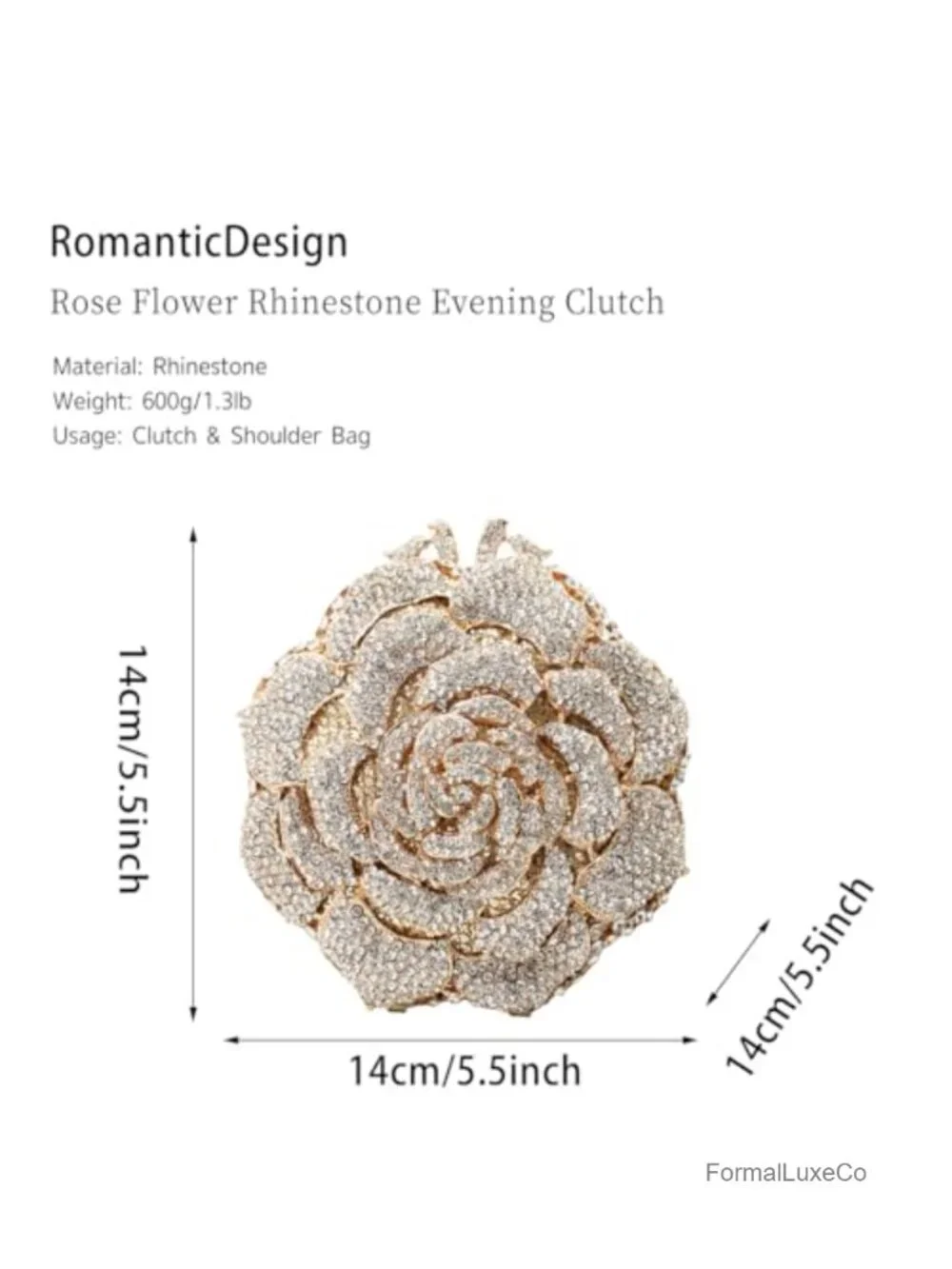 Rhinestone Rose Flower Clutch Bag Evening Purse with Detachable Chain
